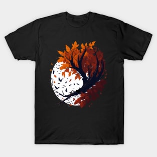 Autumn leaves with tree, moon and bats T-Shirt